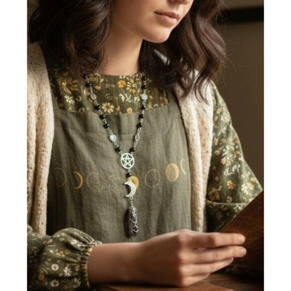 Witch Prayer Beads Onyx Pentagram Moon Necklace - Picture 12 of 12